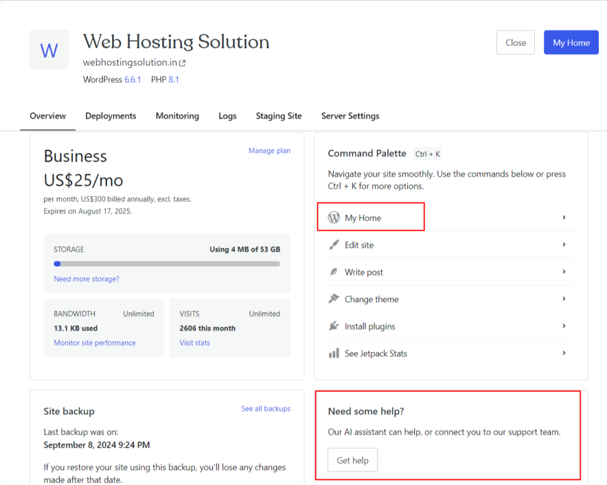 overview dashboard of wordpress hosting