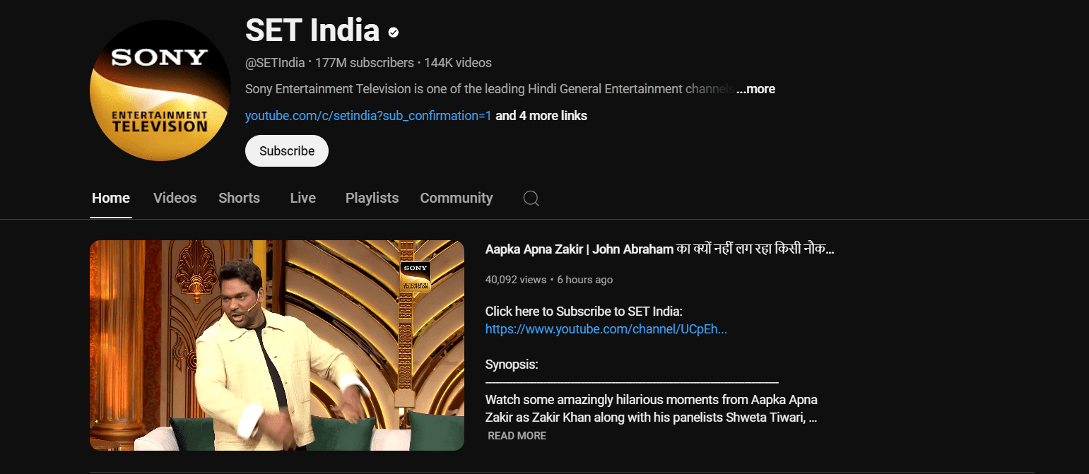 SET India is one of the most subscribed YouTube channels