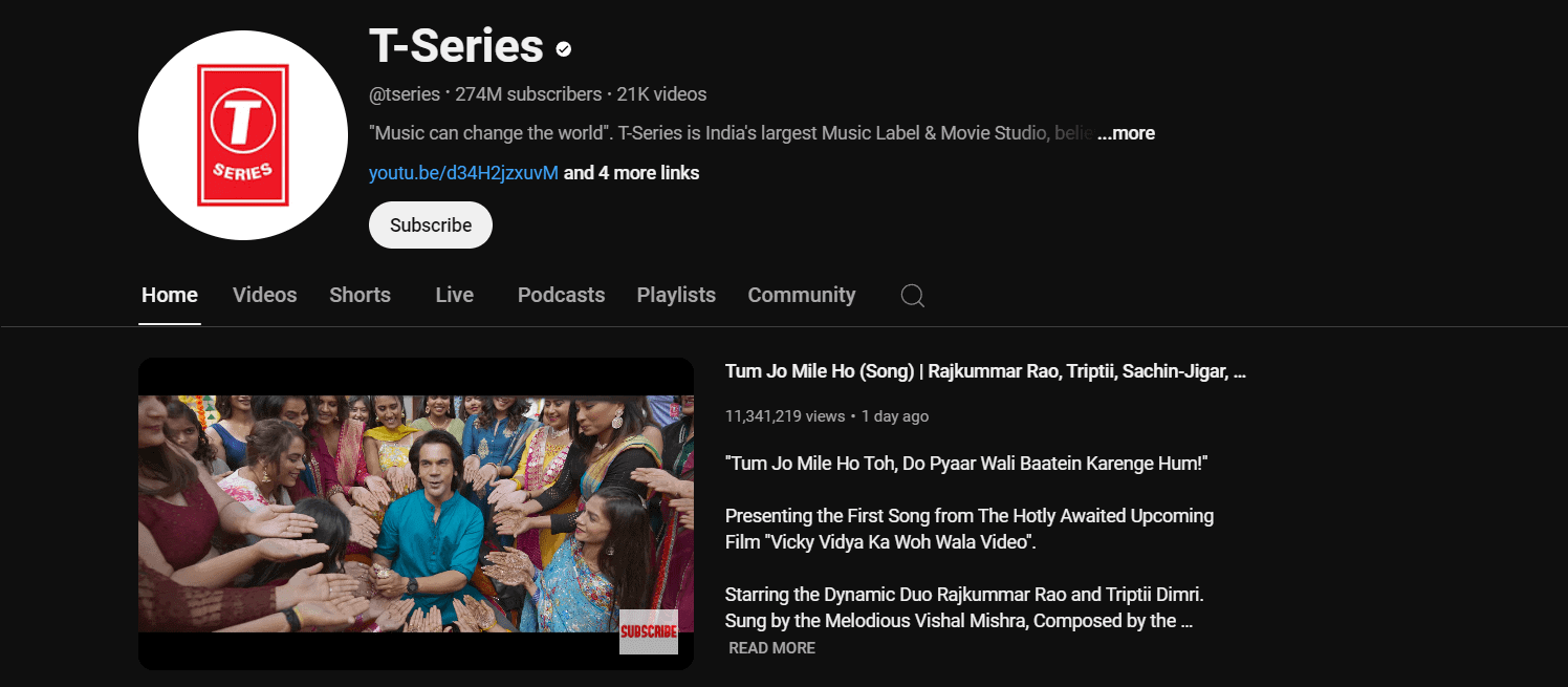 T-Series is most subscribed Indian youtube channel