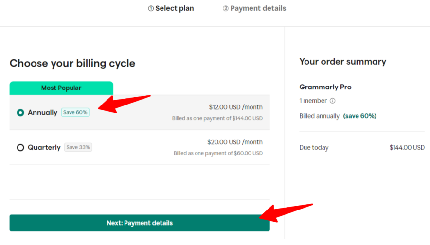 Step 3 Choose Grammarly Premium Discounted Plan