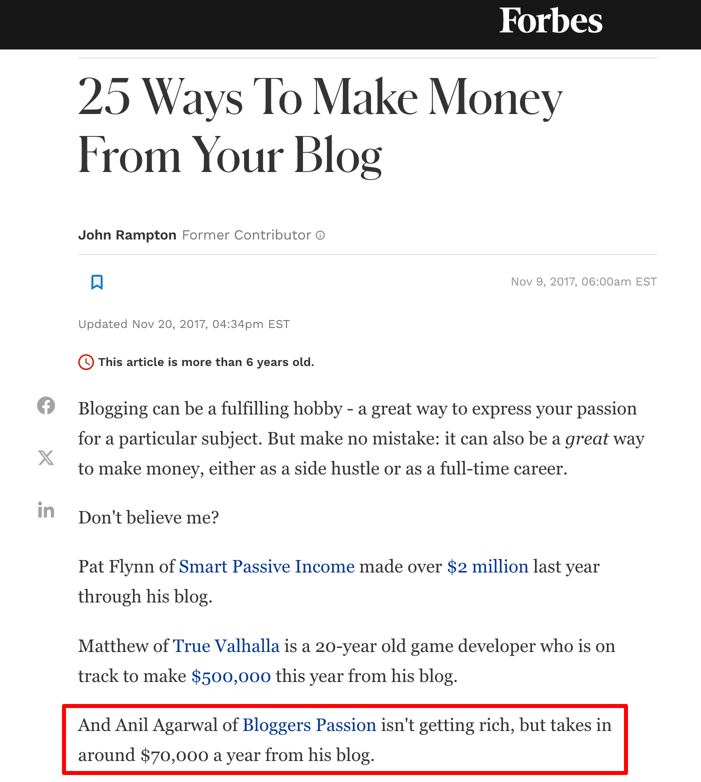 BloggersPassion Backlink Example from Forbes