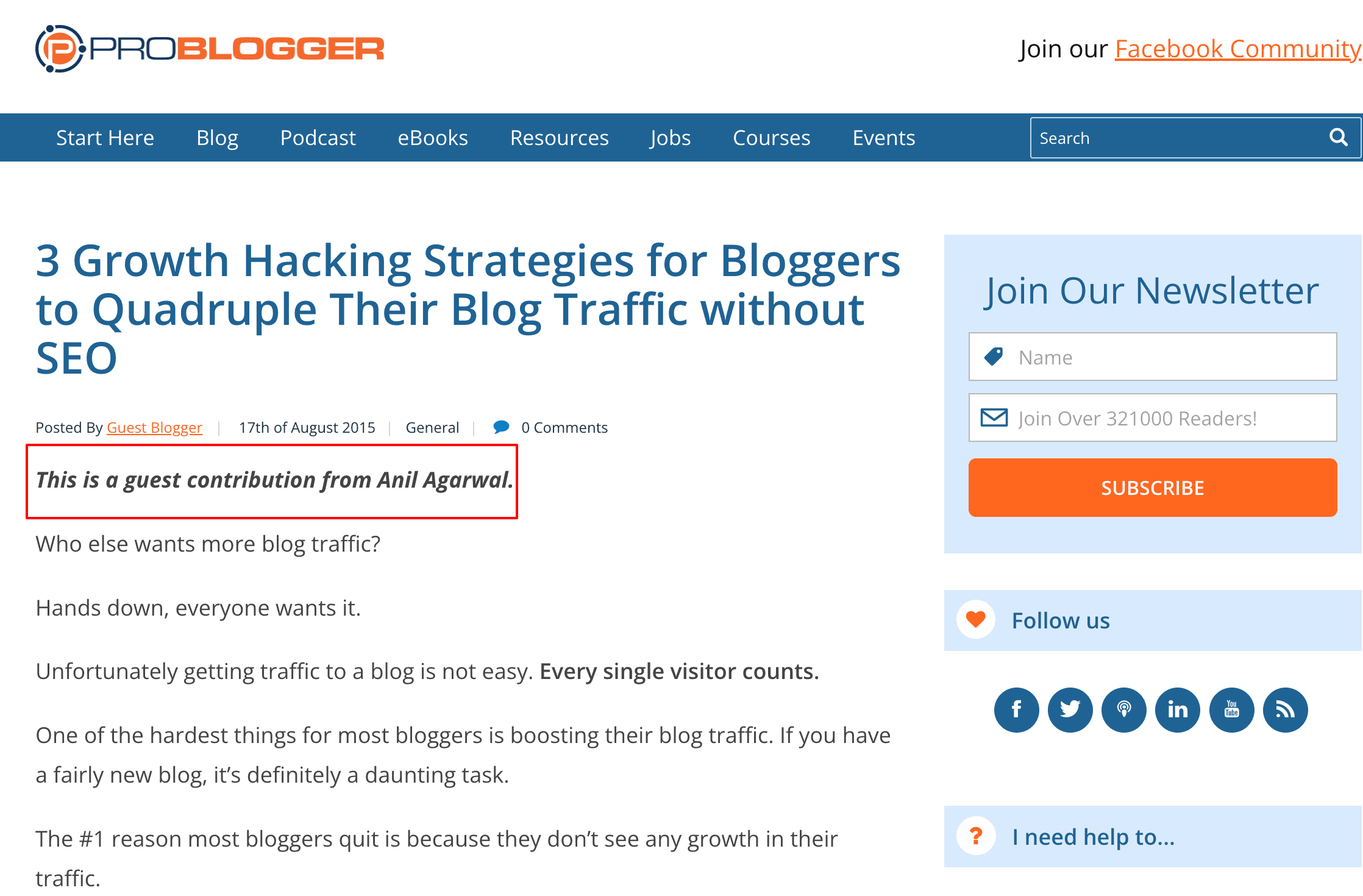 Our Guest Post Example on ProBlogger.com