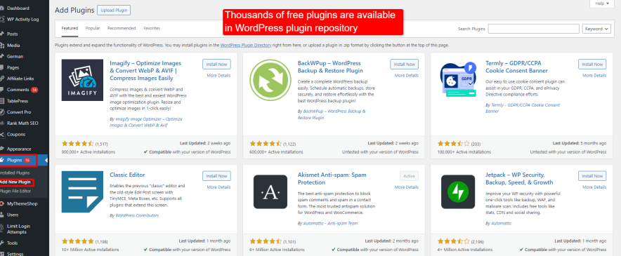 thousands of free wordpress plugins are available